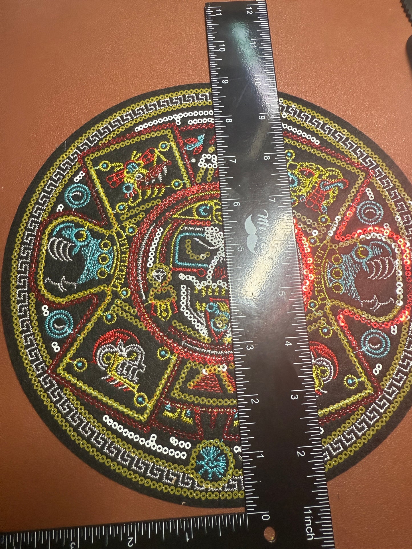 Large Back Patch color Aztec Calendar Tonatiuh Sun God, 9", Sequins, Mexico #28