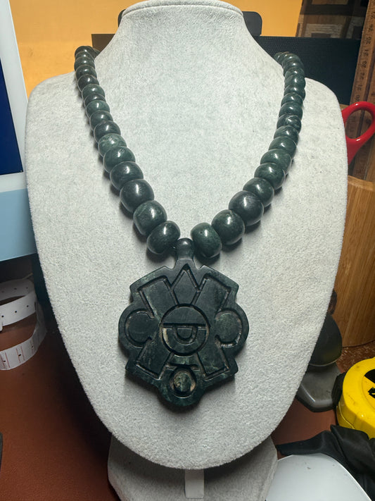 Nahui Ollin Serpentine Stone Pendant Necklace, Azte, Movement of the Sun, Made in Mexico (#41)