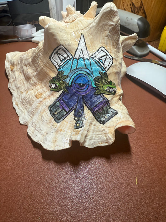 Large Aztec Nahui Ollin Conch Shell Horn Seashell Trumpet, 9" Hand painted Rare