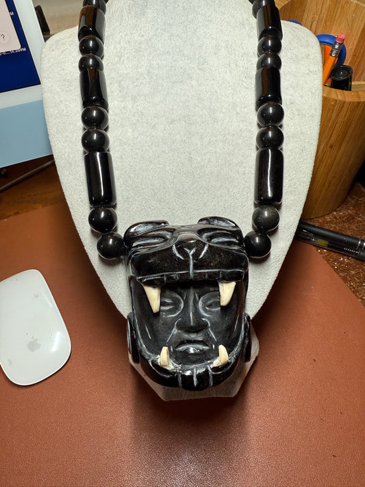 Massive Aztec Mayan Jaguar Warrior, Black Obsidian Beaded Necklace Mexico (#H)