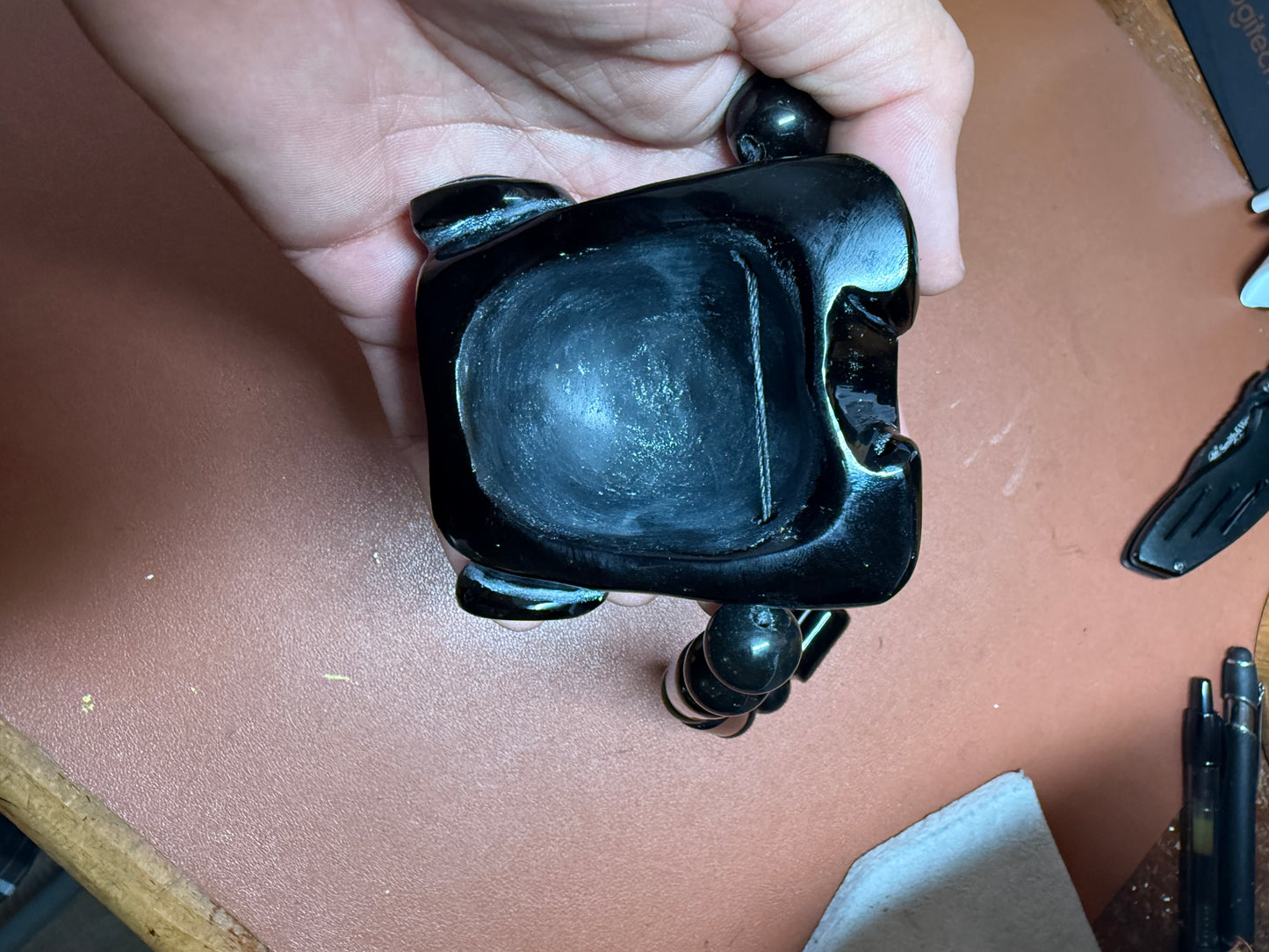 Massive Aztec Mayan Jaguar Warrior, Black Obsidian Beaded Necklace Mexico (#H)