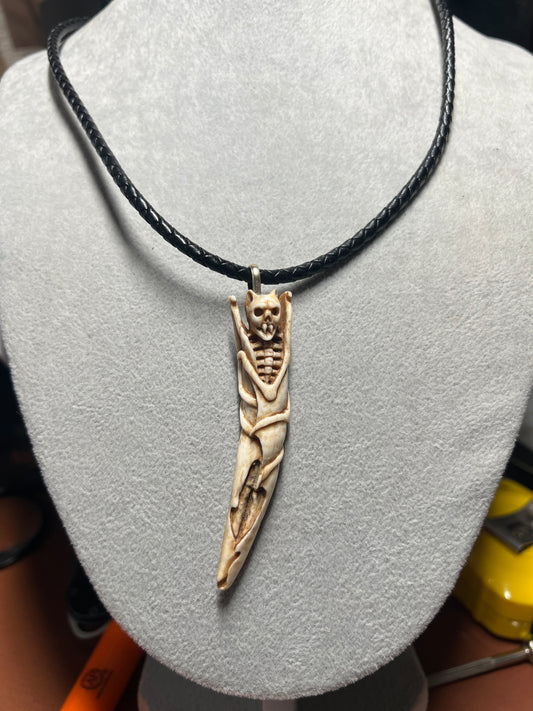 Vampire Nosferatu Dracula Carved in Deer Antler, handmade Mexico, Bat Gothic