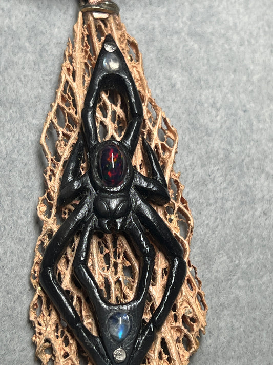 Black Widow Spider Pendant, Bull Horn, Cactus Skeleton, Black Opal, Handmade Mexico