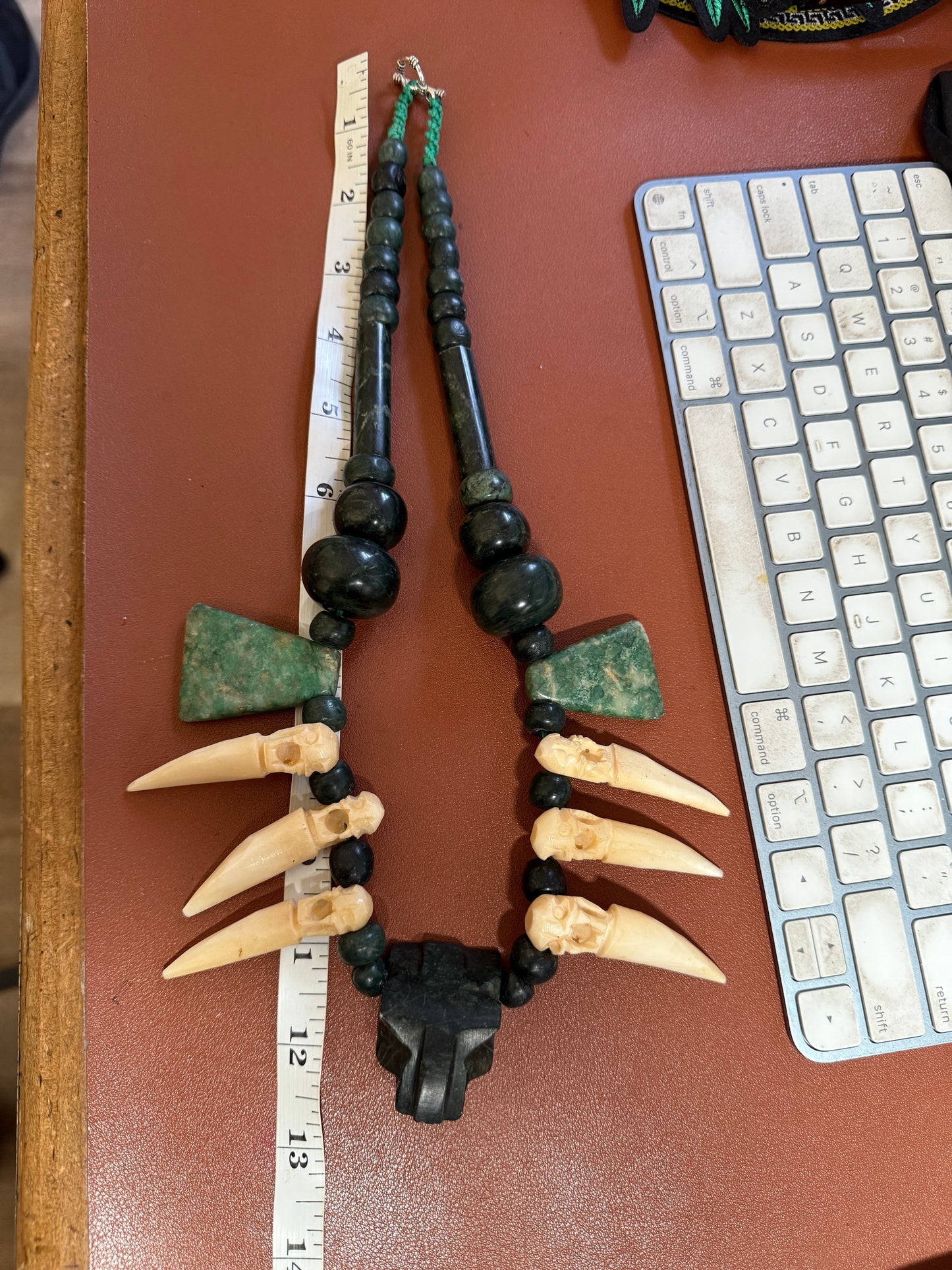 Jaguar Guatemalan Jade, Parakeet Jade, Serpentine Stone, Mictlantecutli Bone Fangs, Necklace, Mexico (#38)