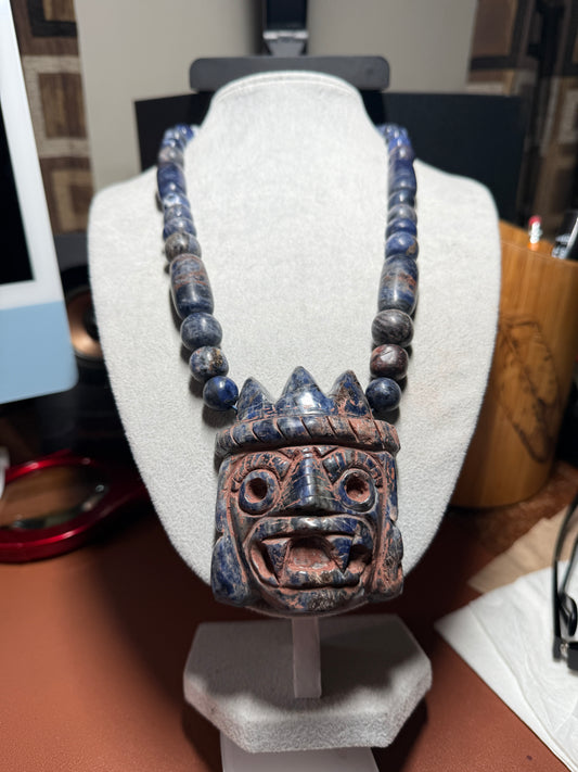 Tlaloc Pendant and Beaded Necklace of Mayan Sodalite Stone from Mexico, Azteca (#40)