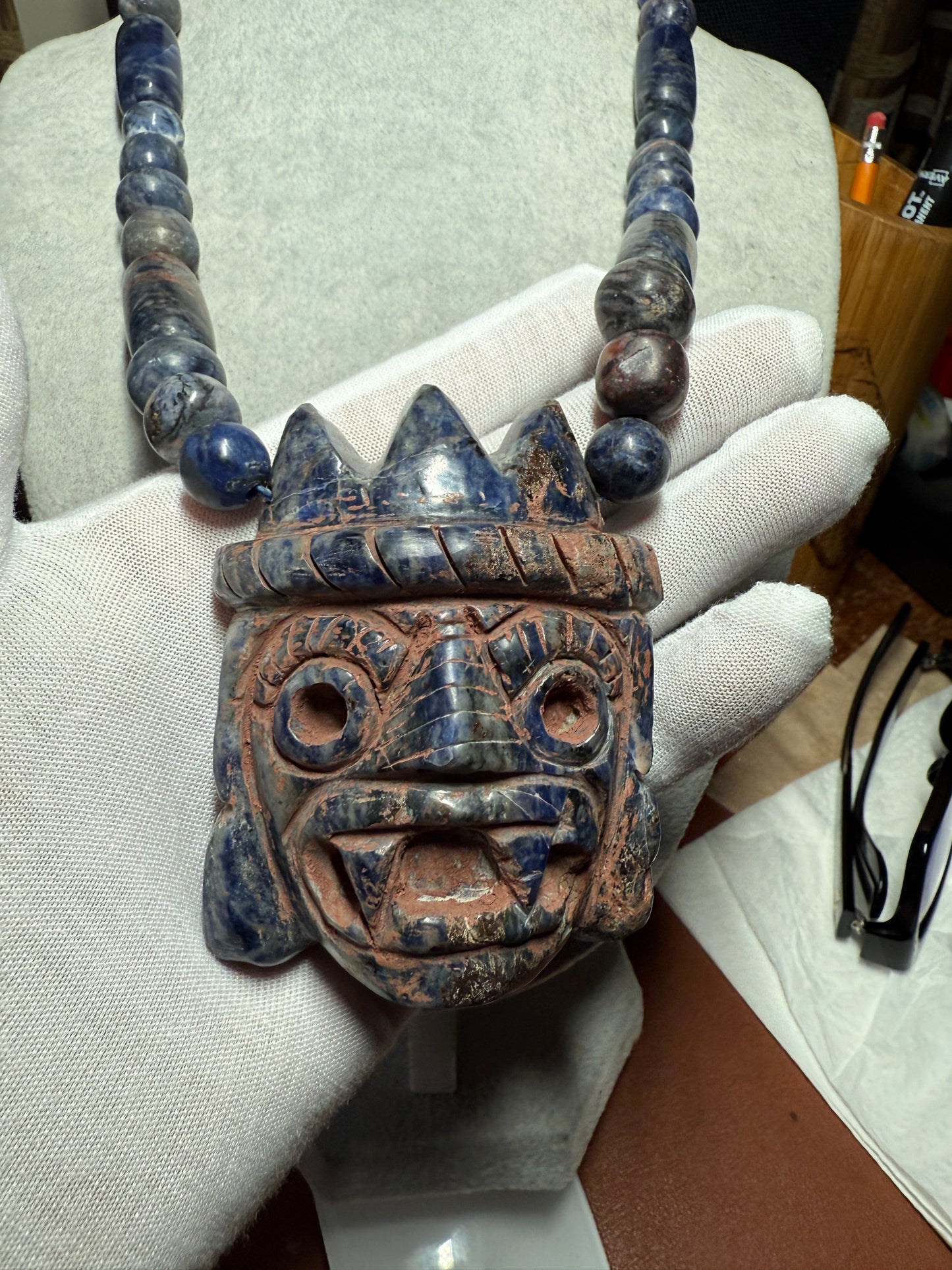 Tlaloc Pendant and Beaded Necklace of Mayan Sodalite Stone from Mexico, Azteca (#40)