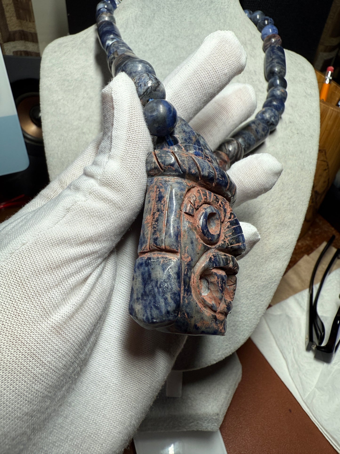 Tlaloc Pendant and Beaded Necklace of Mayan Sodalite Stone from Mexico, Azteca (#40)