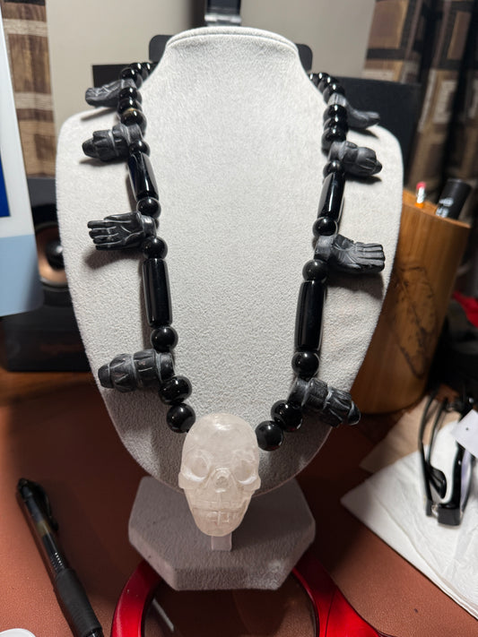 Crystal Quartz Skull Mictlantecuhtli Coatlicue Hearts Hands Obsidian Necklace #H