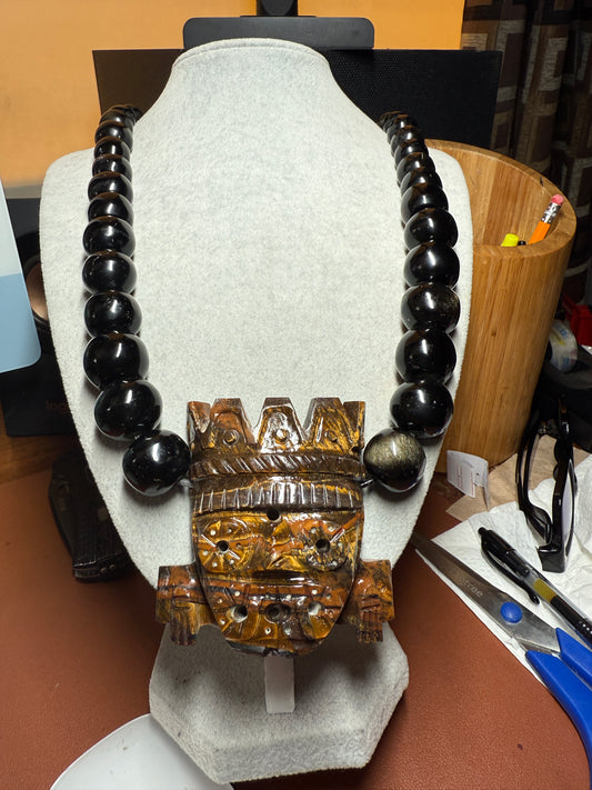 Massive Golden Tlaloc Tiger Eye Stone Pendant 3", Necklace, Black Obsidian #H