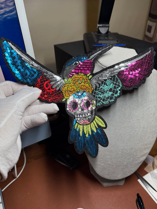 Hummingbird Patch, Huitzilopochtli, (Uitzilopochtli, Xiuhpilli), Aztec god of Sun and war, Mexica, Embroidered, Sequin, iron on Patch, patches (#27)