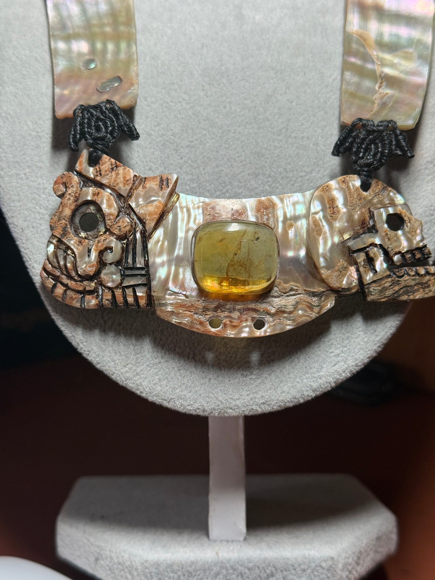 Aztec Tlaloc Mictlantecuhtli Skull Abalone Amber Aztec Pendant, Mexican (#H)
