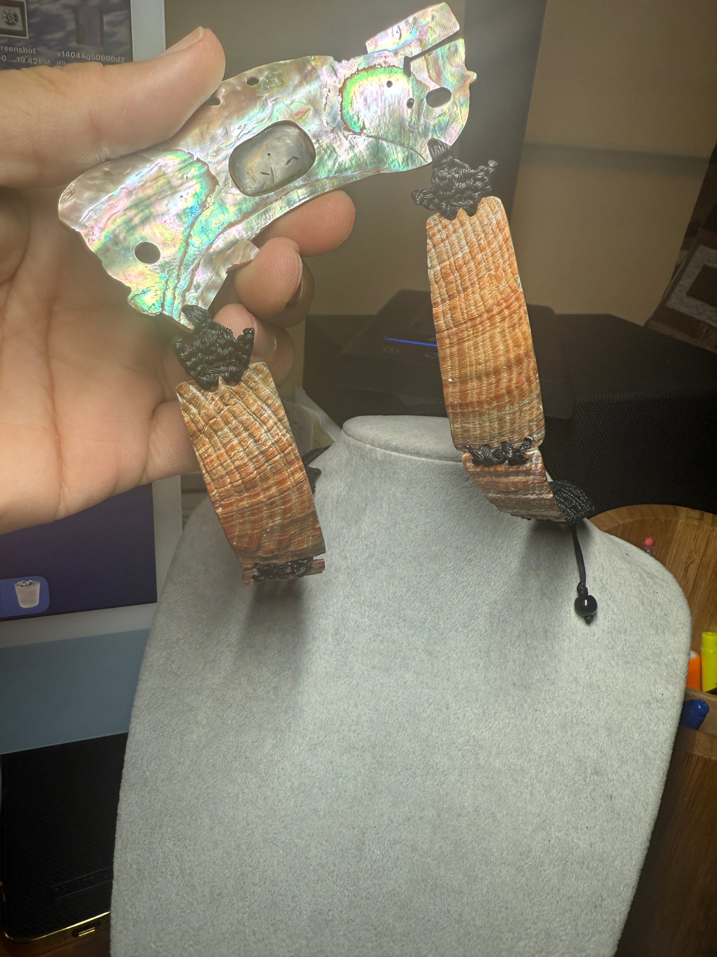 Aztec Tlaloc Mictlantecuhtli Skull Abalone Amber Aztec Pendant, Mexican (#H)