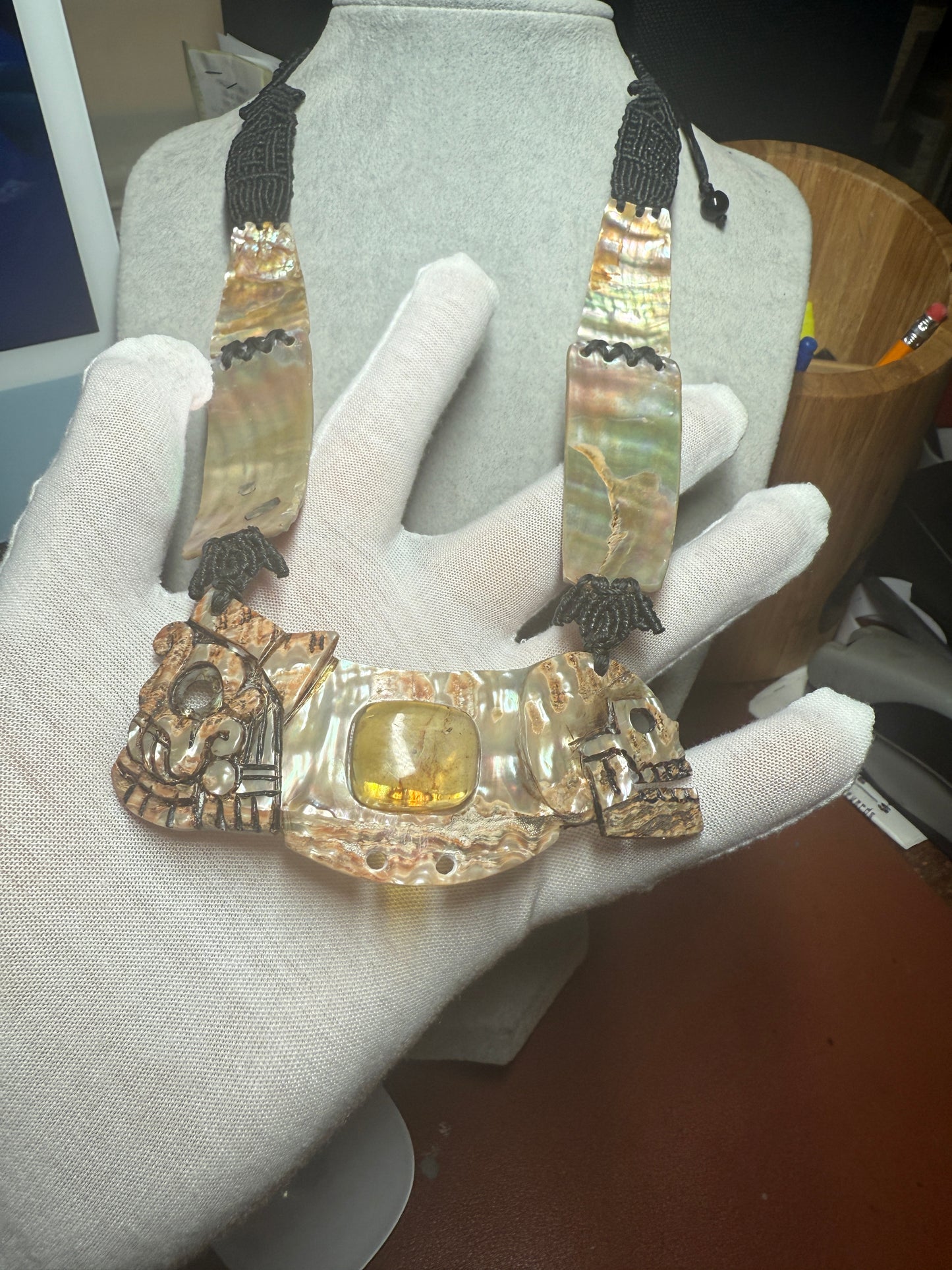 Aztec Tlaloc Mictlantecuhtli Skull Abalone Amber Aztec Pendant, Mexican (#H)