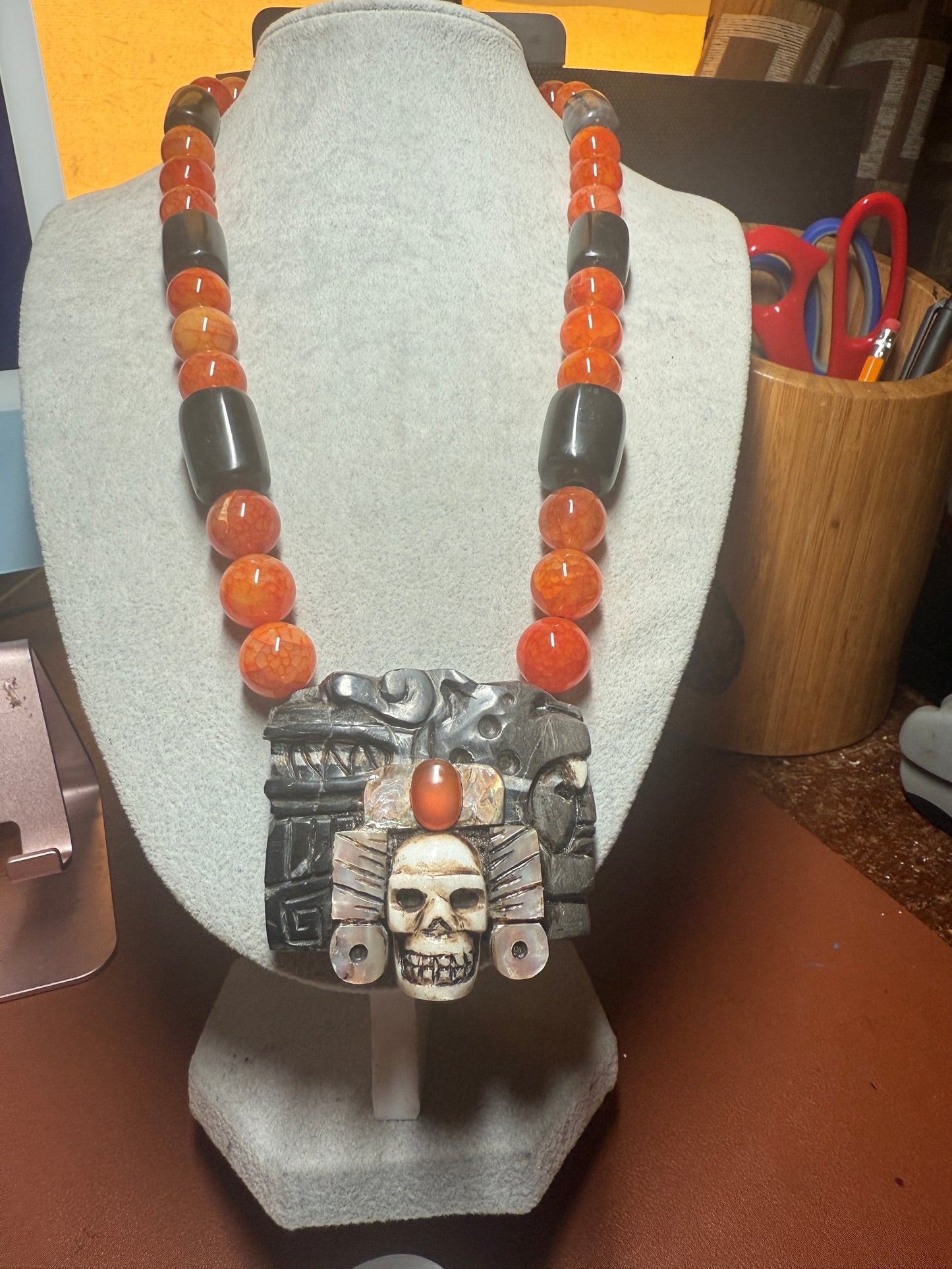 Aztec and Mayan Kukulkan Quetzalcoatl Jaguar Mictlantecuhtli Warrior Pendant Necklace (#H)