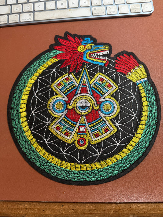 Large Quetzalcoatl Ollin Patch, 8 3/4", Aztec Calendar, Mexica, Patches (#28)