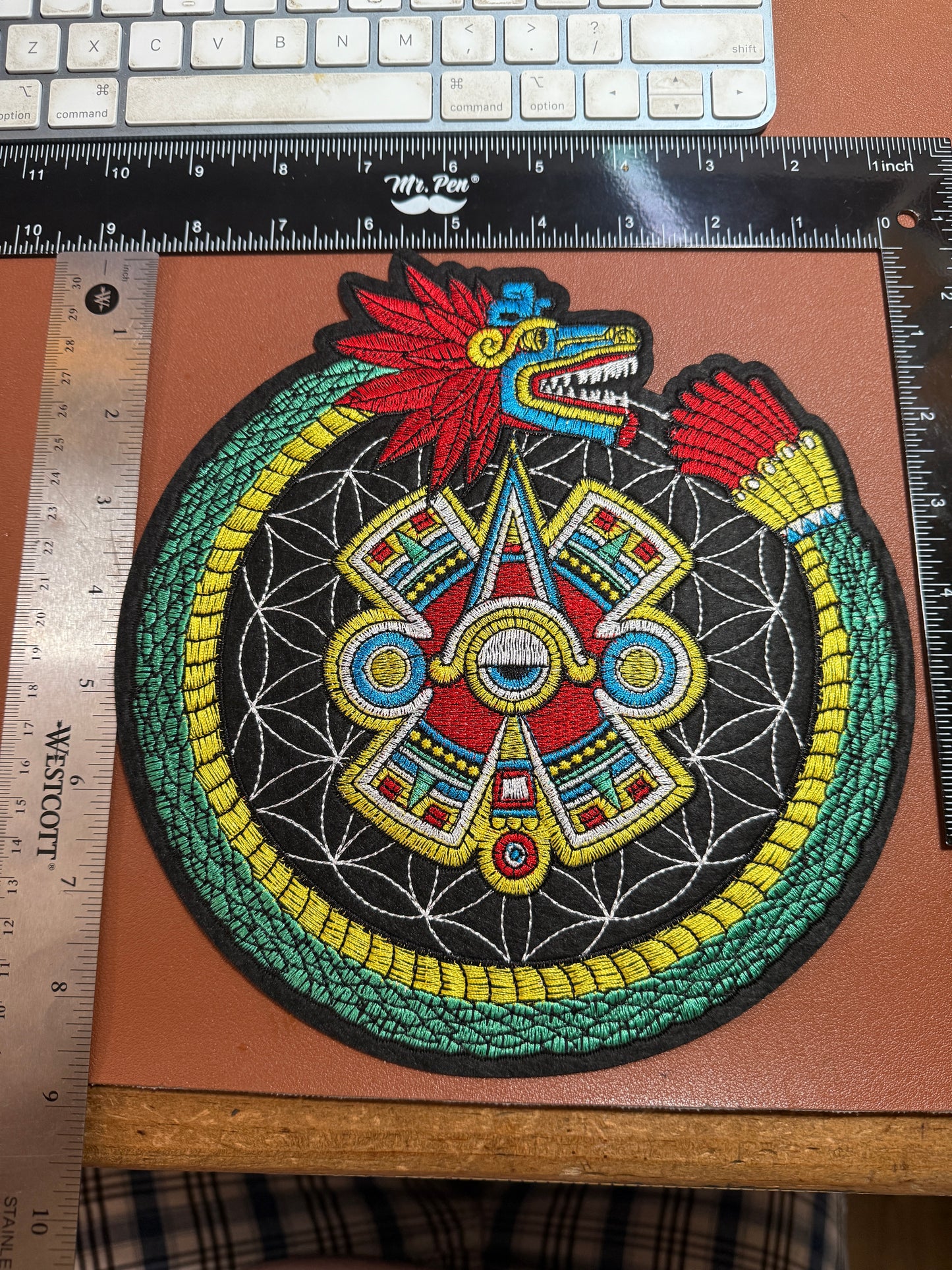 Large Quetzalcoatl Ollin Patch, 8 3/4", Aztec Calendar, Mexica, Patches (#28)
