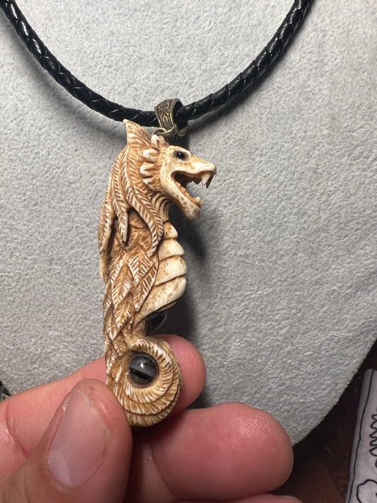 Quetzalcoatl Kukulkan Mexican Dragon, Sea Horse, Deer Antler, Natural Stones Mex