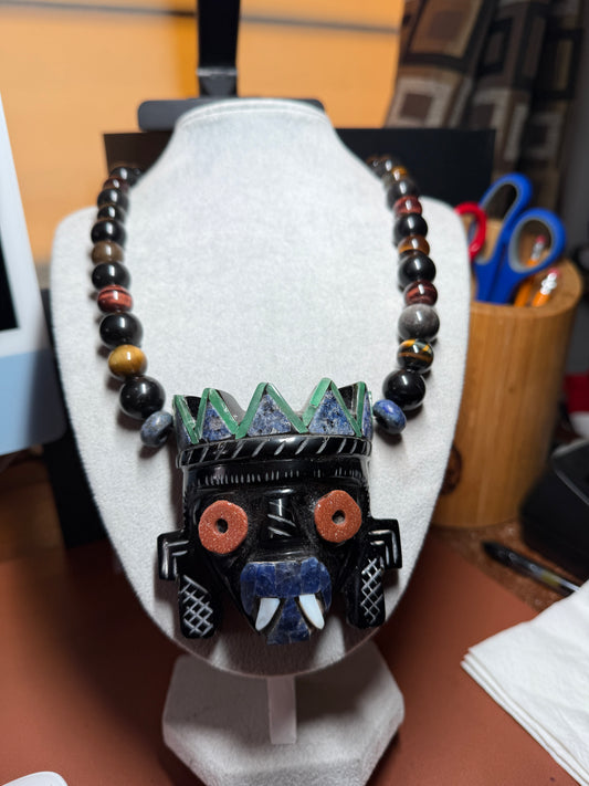 Massive Mosaic Tlaloc Natural Stone Pendant 3", Necklace, Black Obsidian #H