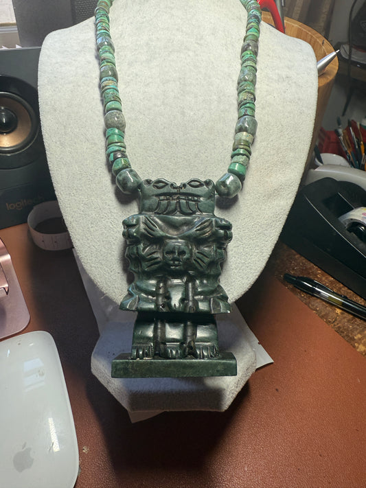 Serpentin Aztec Coatlicue Necklace, Jade and Turquoise Heishi Beads Mexico #H