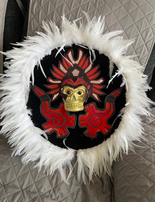 Danzante Azteca Mictlantecuhtli Shield, Chimalli, Black Red, Aztec Dance Shield, Aztec Skull, Mexica, Pow Wow, Indigenous Feathers, 17" (Copy)