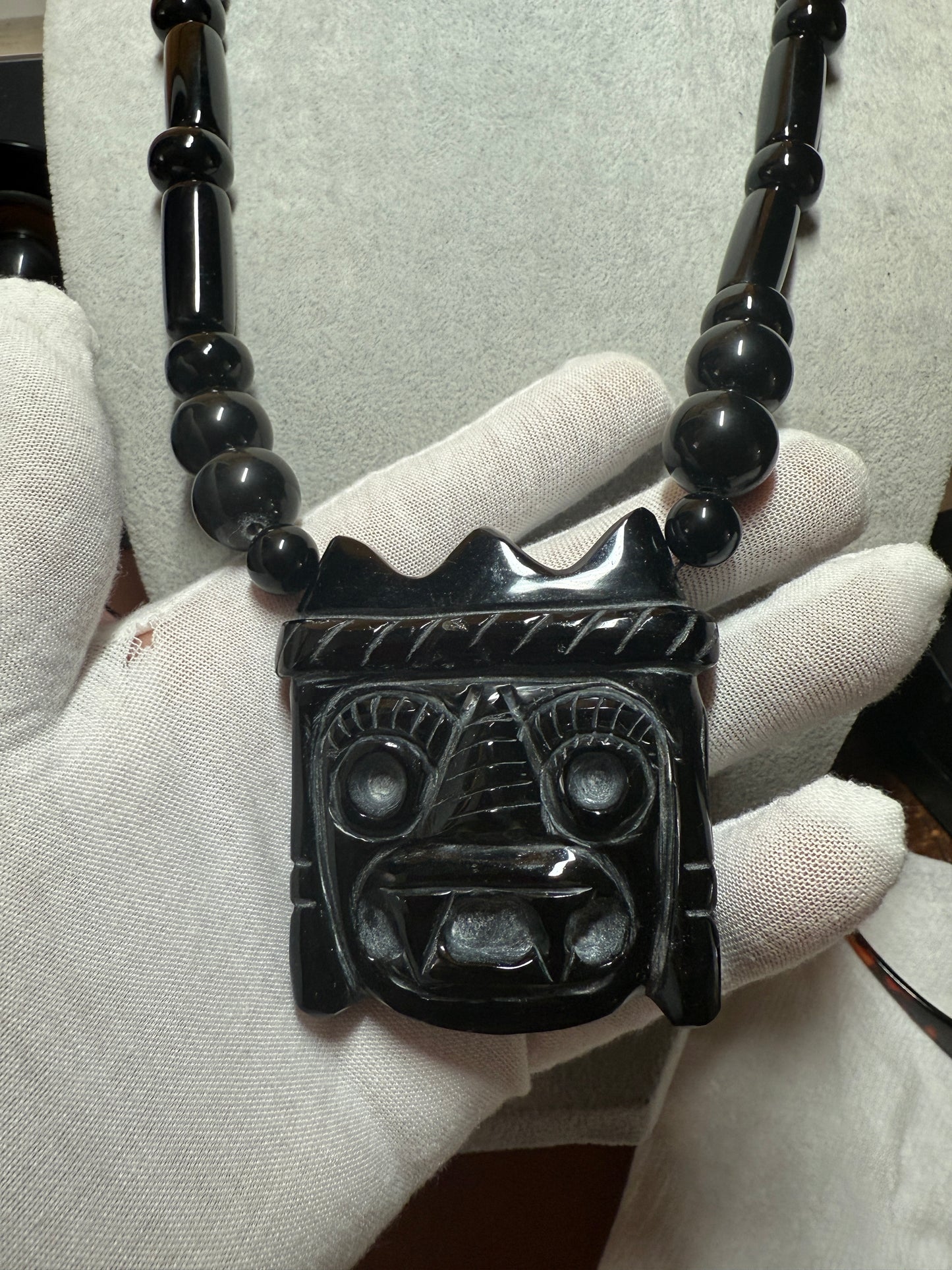 Mexican Obsidian Tlaloc Pendant and Obsidian Beaded Necklace Aztec Mexica #41