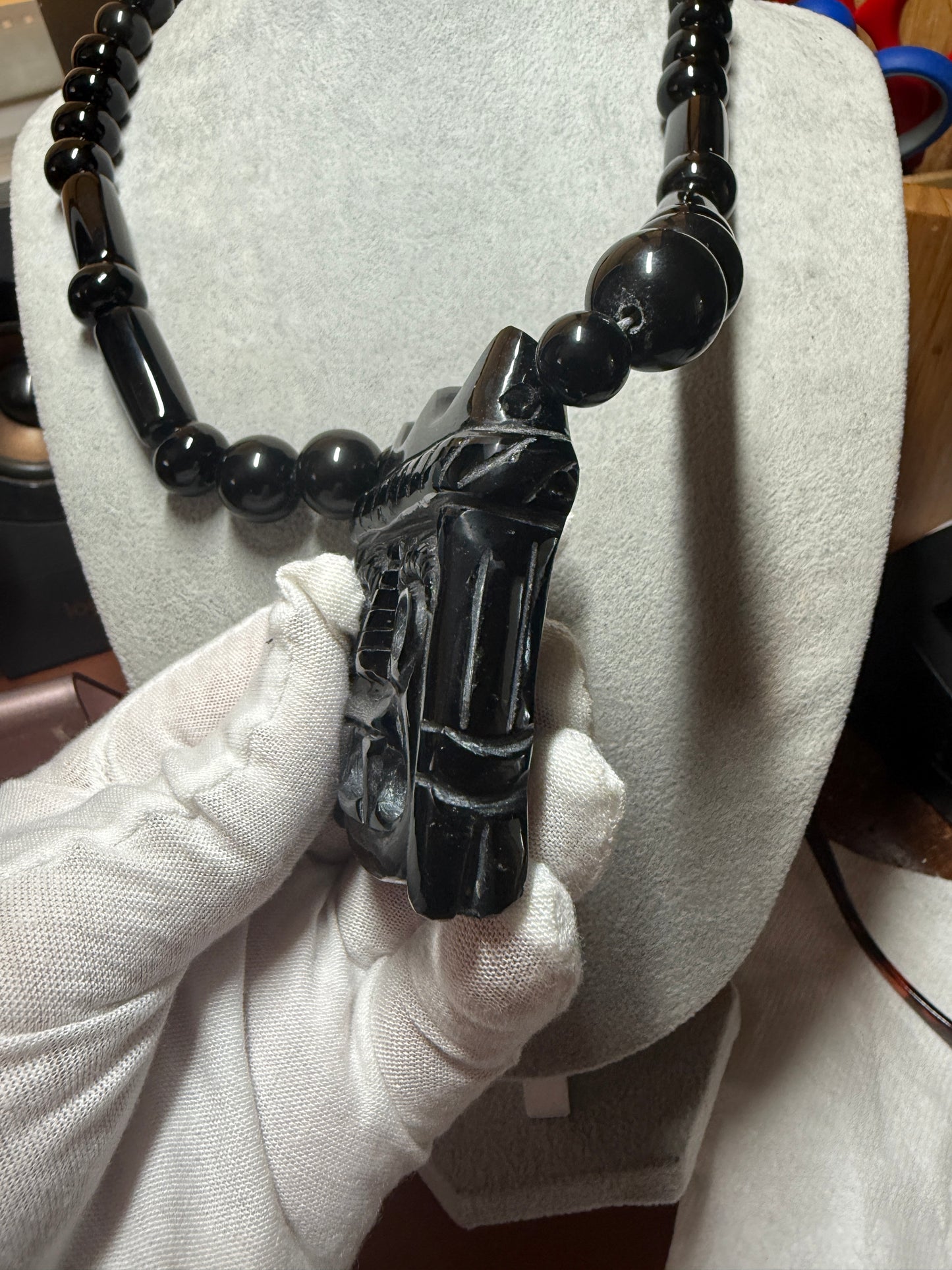 Mexican Obsidian Tlaloc Pendant and Obsidian Beaded Necklace Aztec Mexica #41