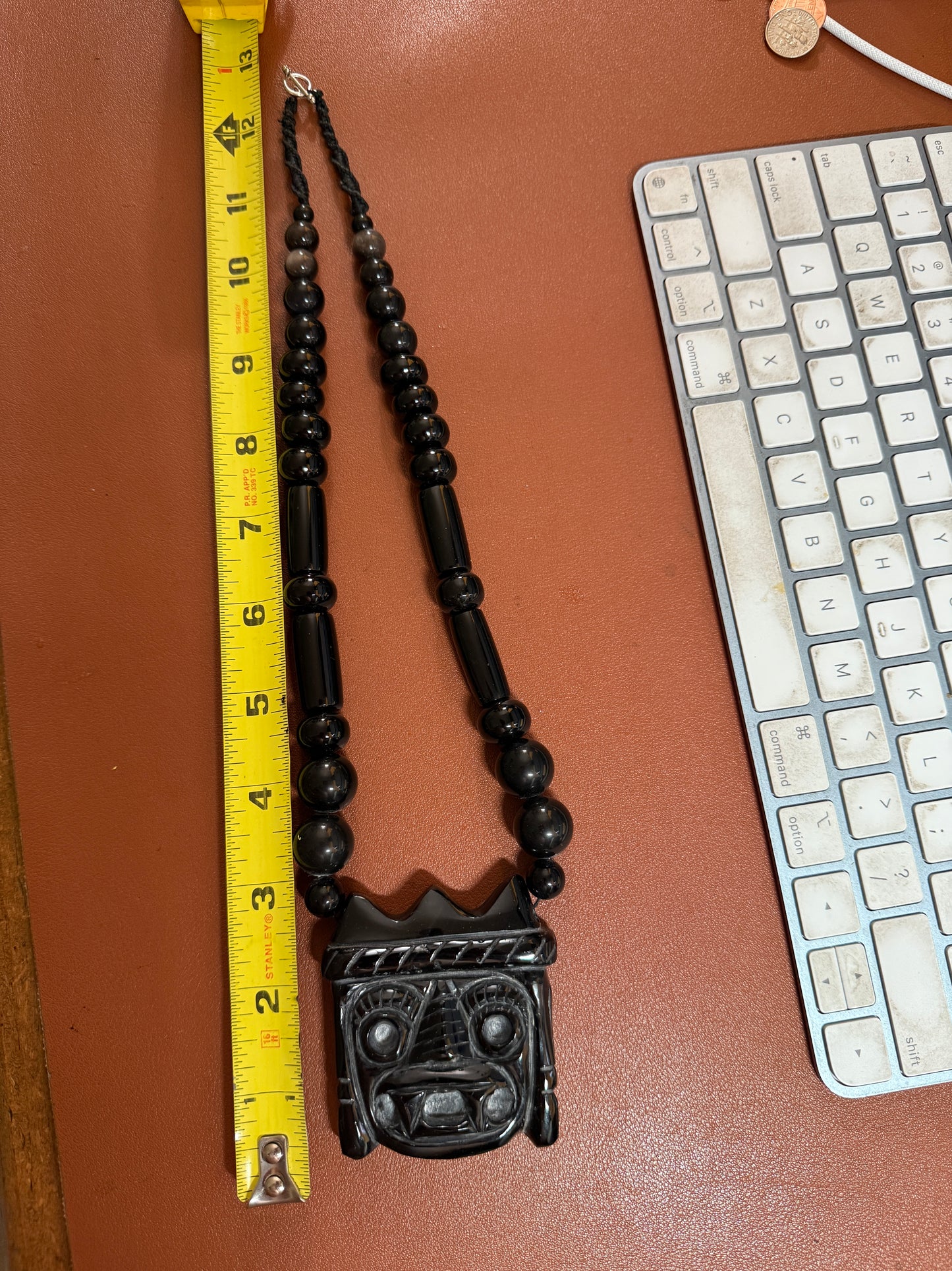 Mexican Obsidian Tlaloc Pendant and Obsidian Beaded Necklace Aztec Mexica #41