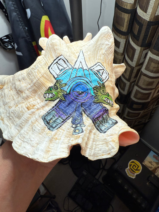 Large Aztec Nahui Ollin Conch Shell Horn Seashell Trumpet, 9" Hand painted Rare