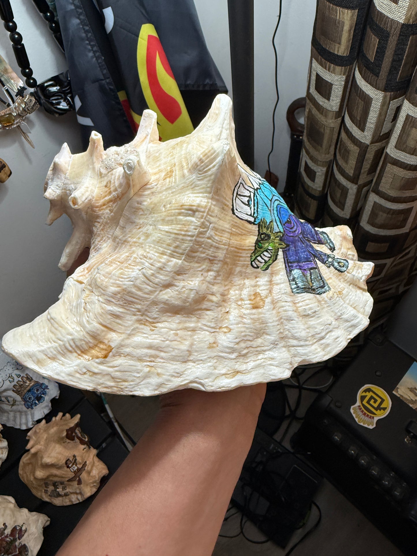Large Aztec Nahui Ollin Conch Shell Horn Seashell Trumpet, 9" Hand painted Rare