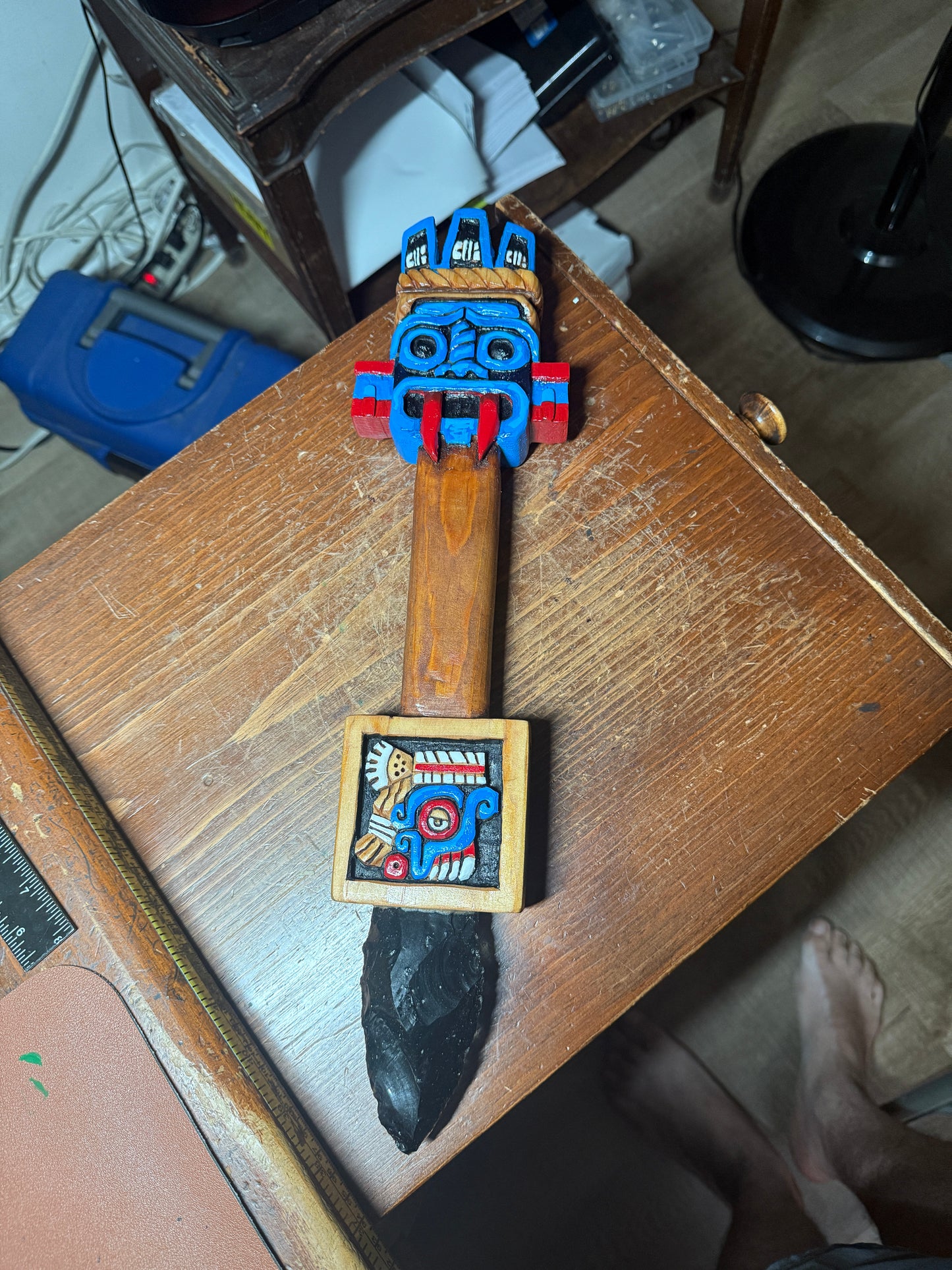 Tlaloc Dagger, Azteca Obsidian Knife, Mexica Sacrificial Daga 17", Deep Wood Carved, Painted