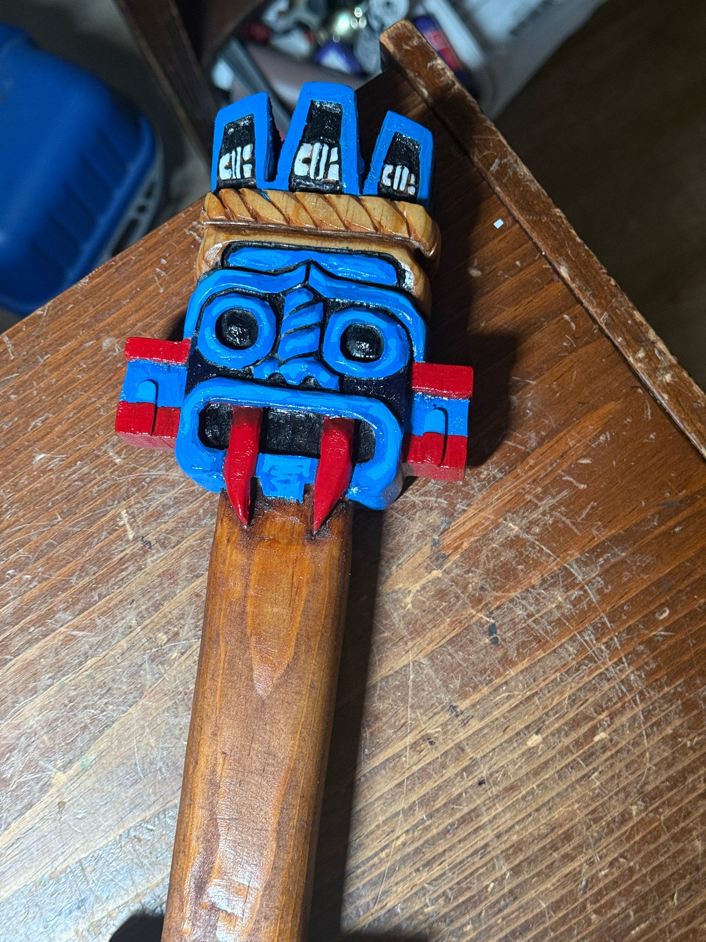 Tlaloc Dagger, Azteca Obsidian Knife, Mexica Sacrificial Daga 17", Deep Wood Carved, Painted