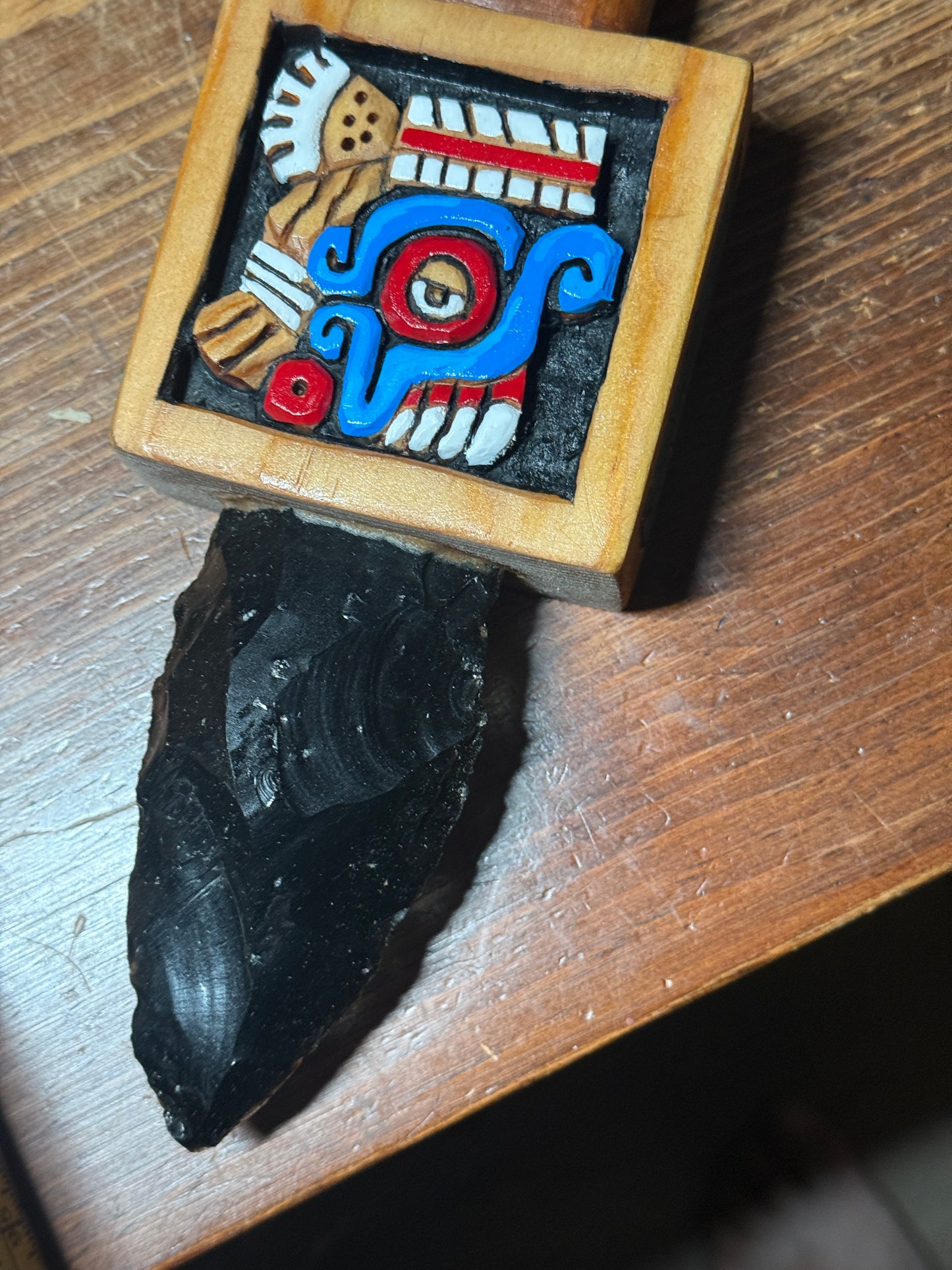 Tlaloc Dagger, Azteca Obsidian Knife, Mexica Sacrificial Daga 17", Deep Wood Carved, Painted