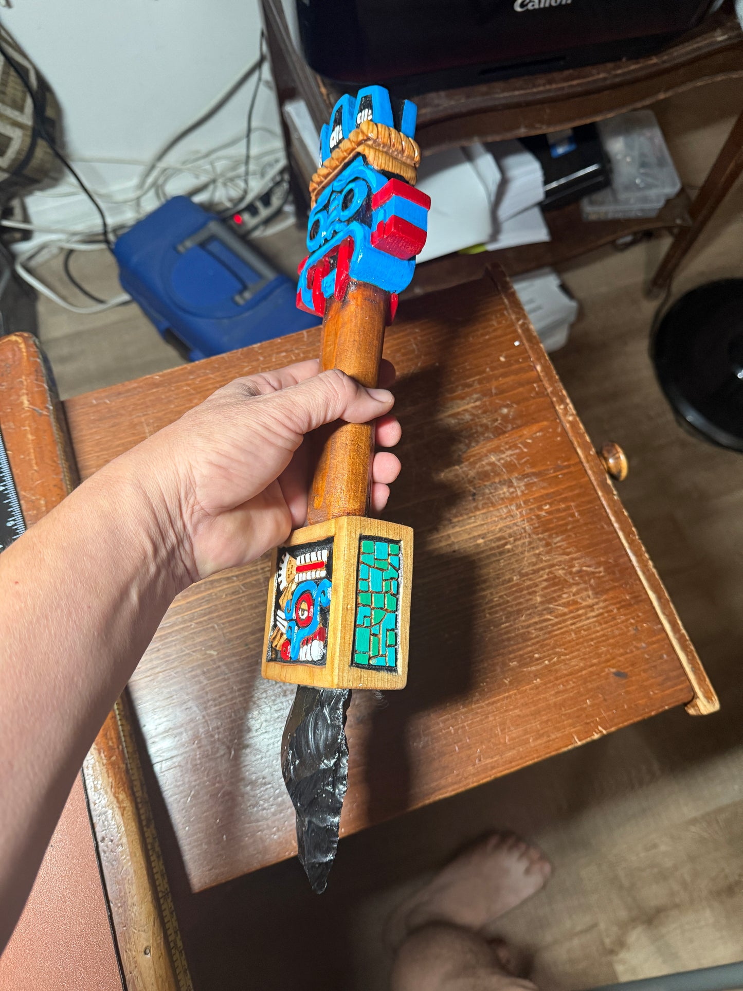Tlaloc Dagger, Azteca Obsidian Knife, Mexica Sacrificial Daga 17", Deep Wood Carved, Painted