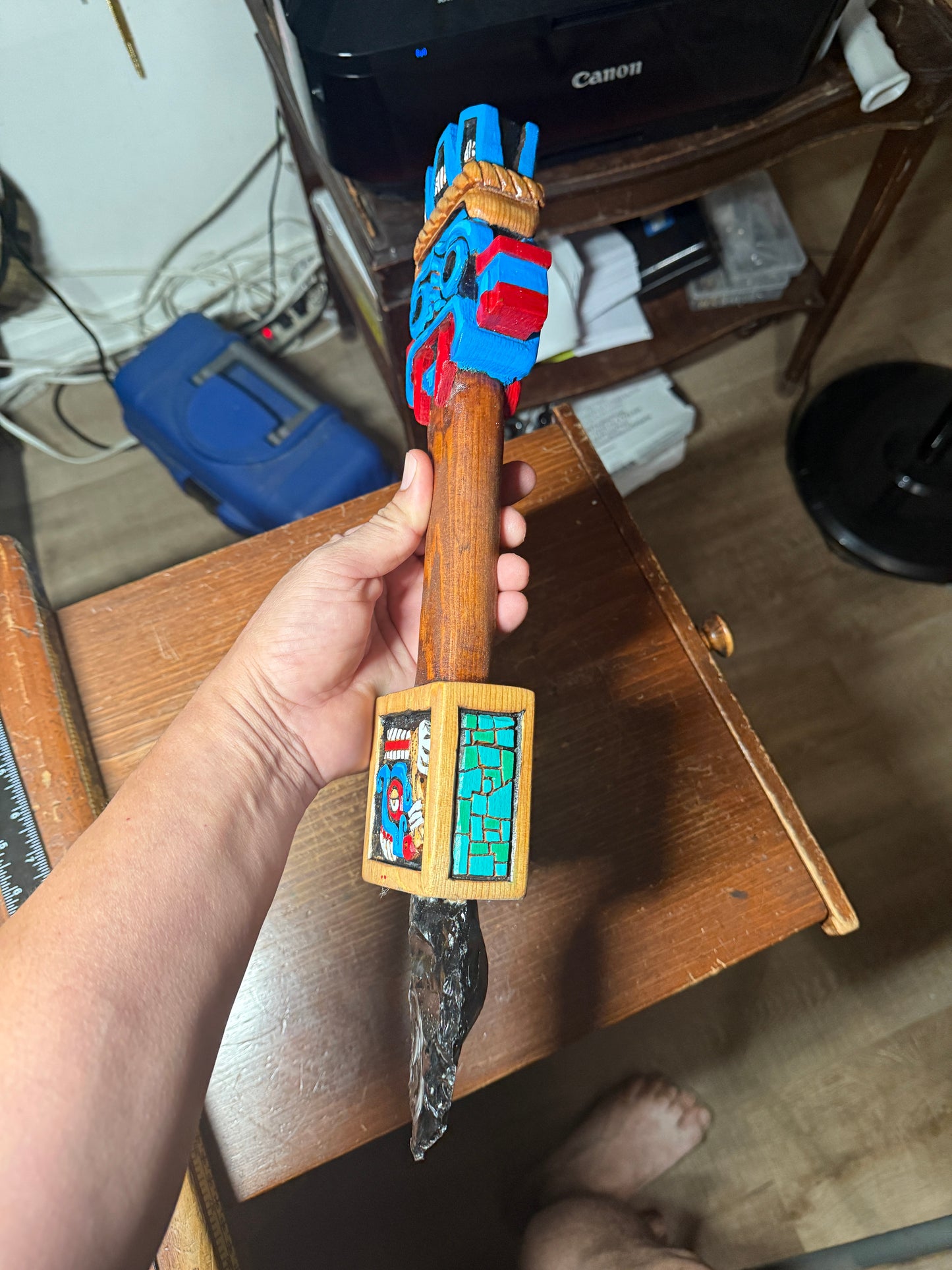 Tlaloc Dagger, Azteca Obsidian Knife, Mexica Sacrificial Daga 17", Deep Wood Carved, Painted