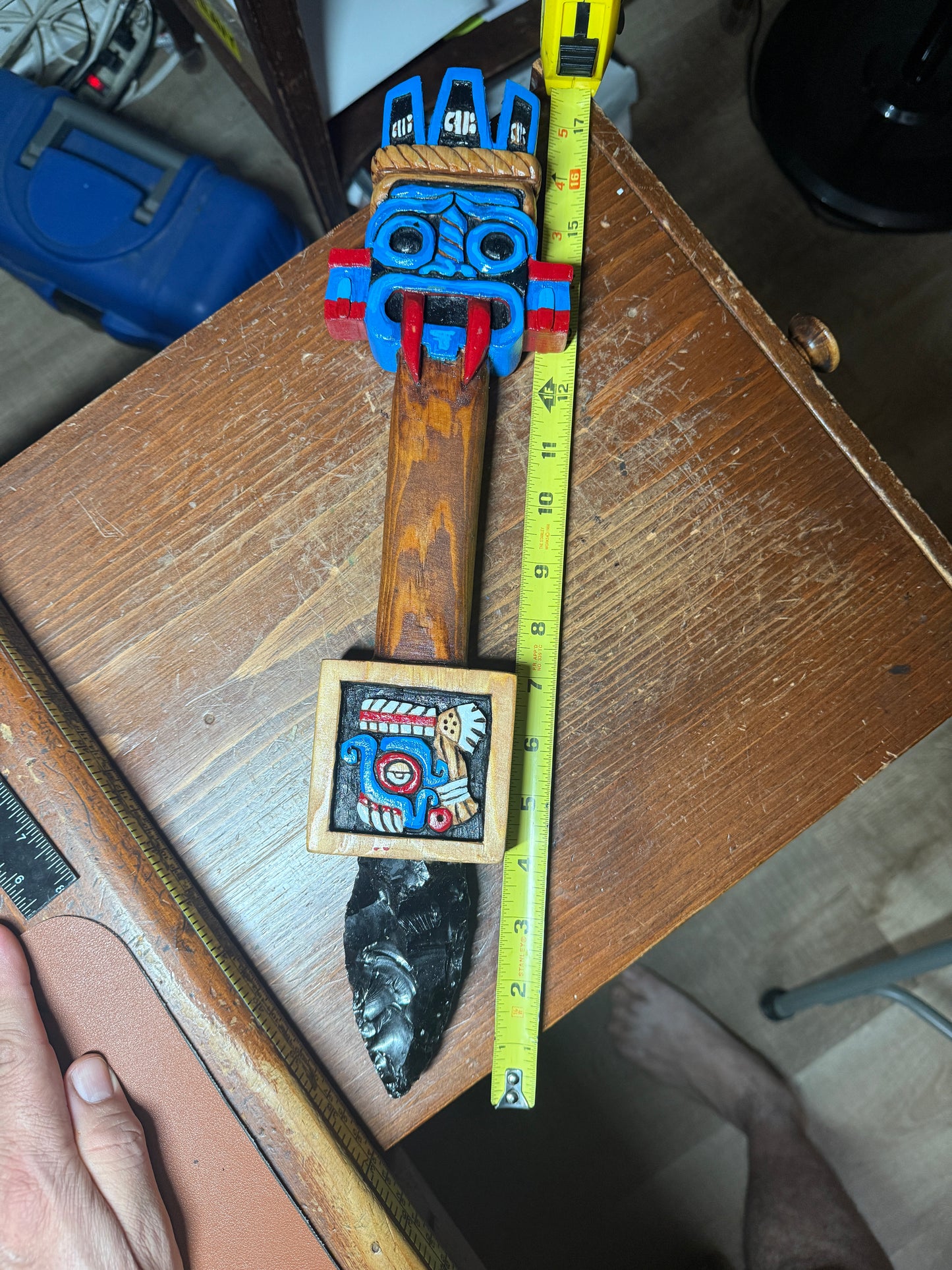 Tlaloc Dagger, Azteca Obsidian Knife, Mexica Sacrificial Daga 17", Deep Wood Carved, Painted