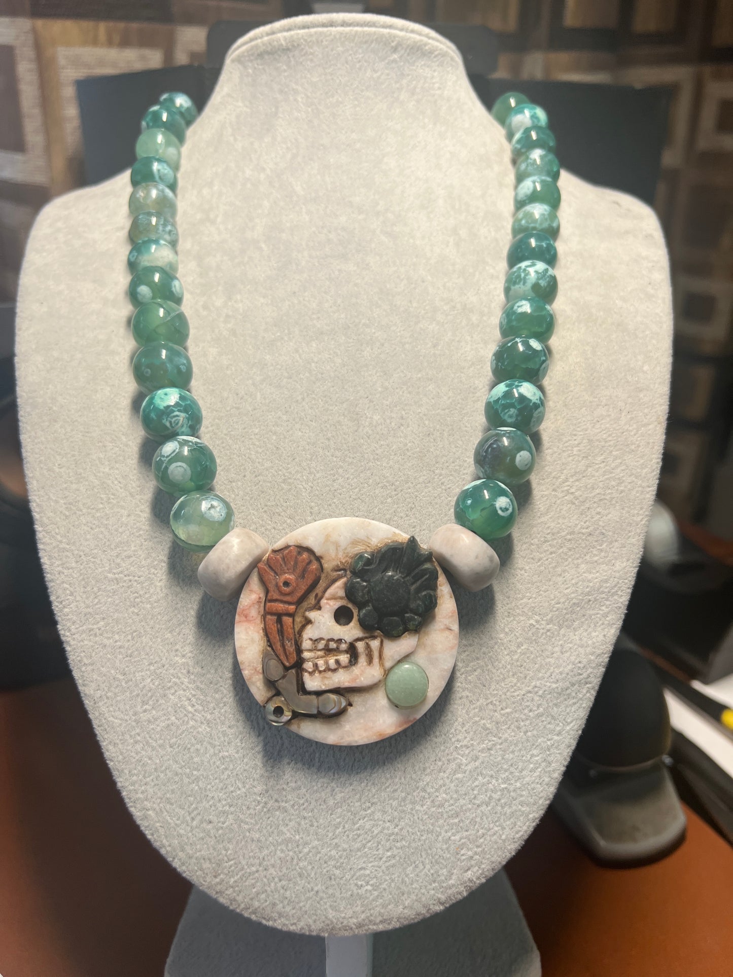 Aztec Miquiztli Pendant Necklace from Mexico all Natural Stones Handmade #38