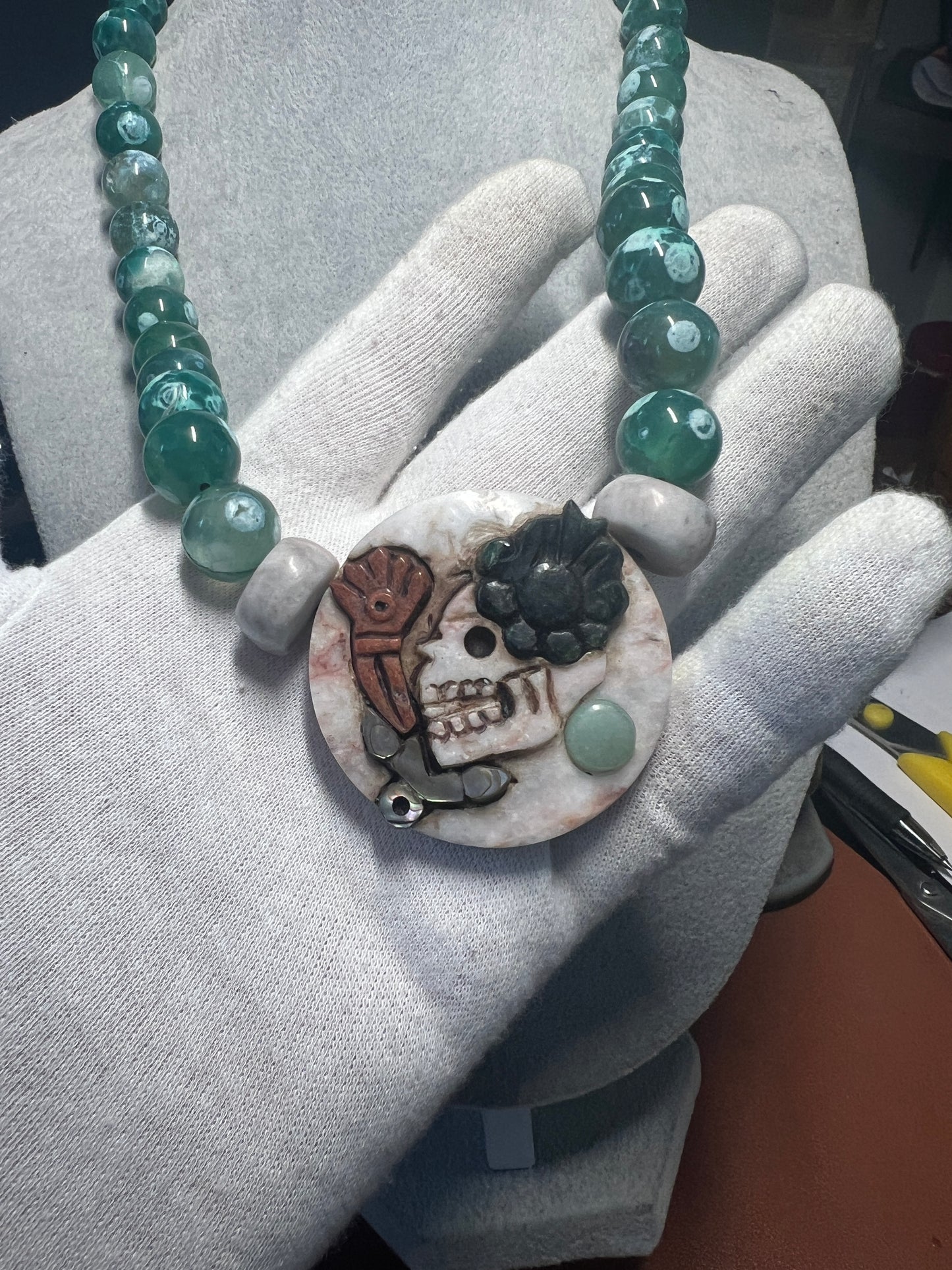 Aztec Miquiztli Pendant Necklace from Mexico all Natural Stones Handmade #38