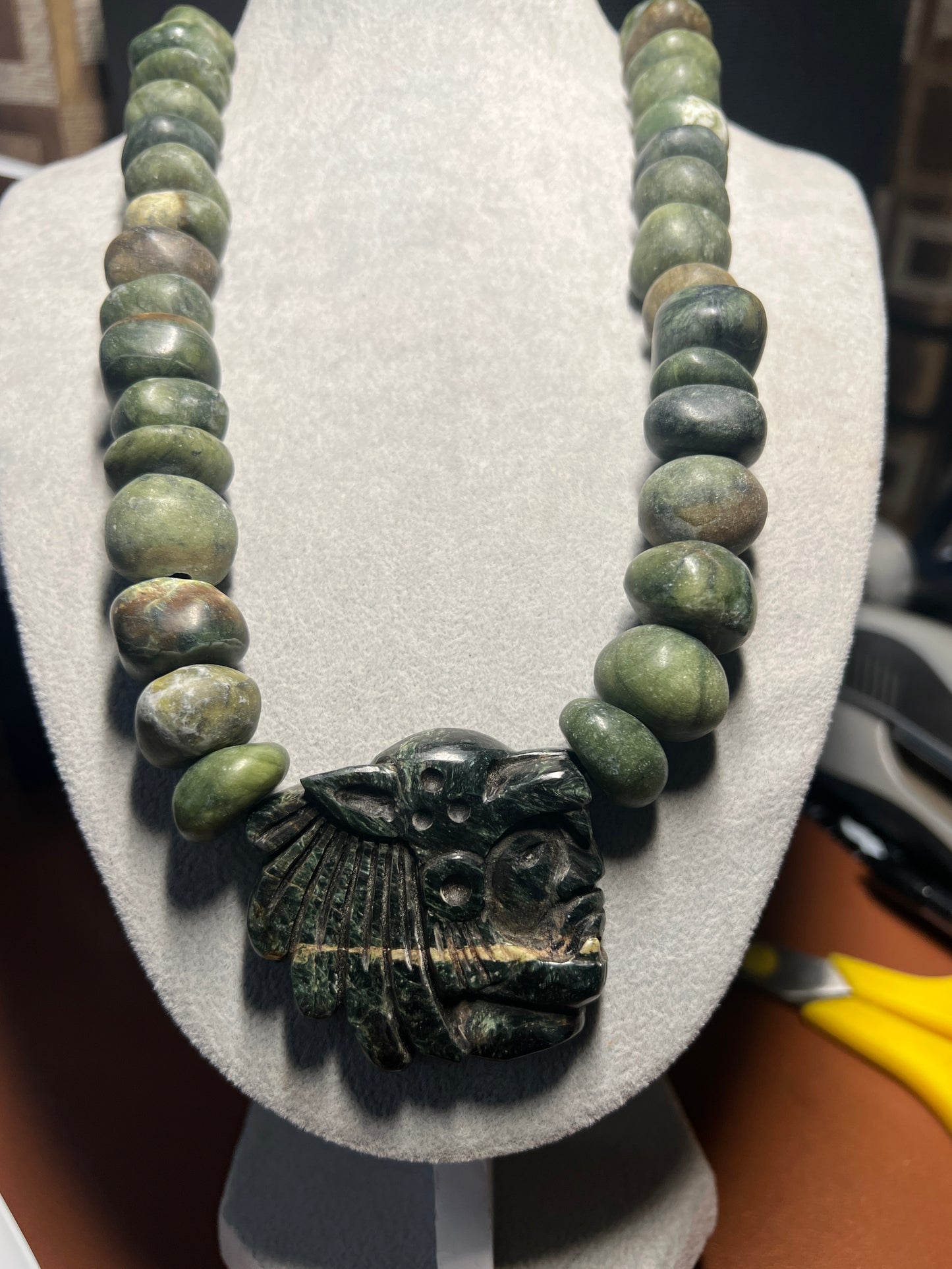 Aztec Mayan Jaguar Warrior Serpentine Pendant Necklace Marble Beads Mexico (#38)