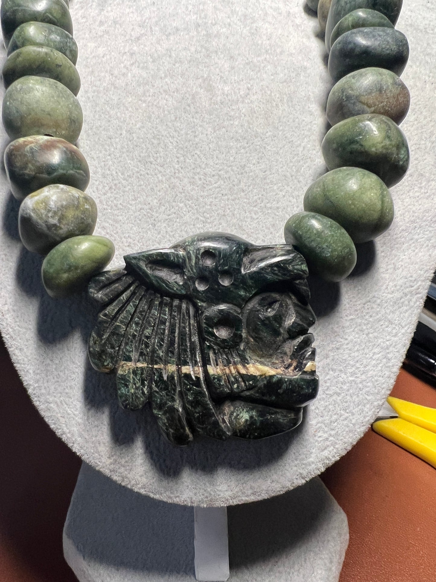 Aztec Mayan Jaguar Warrior Serpentine Pendant Necklace Marble Beads Mexico (#38)
