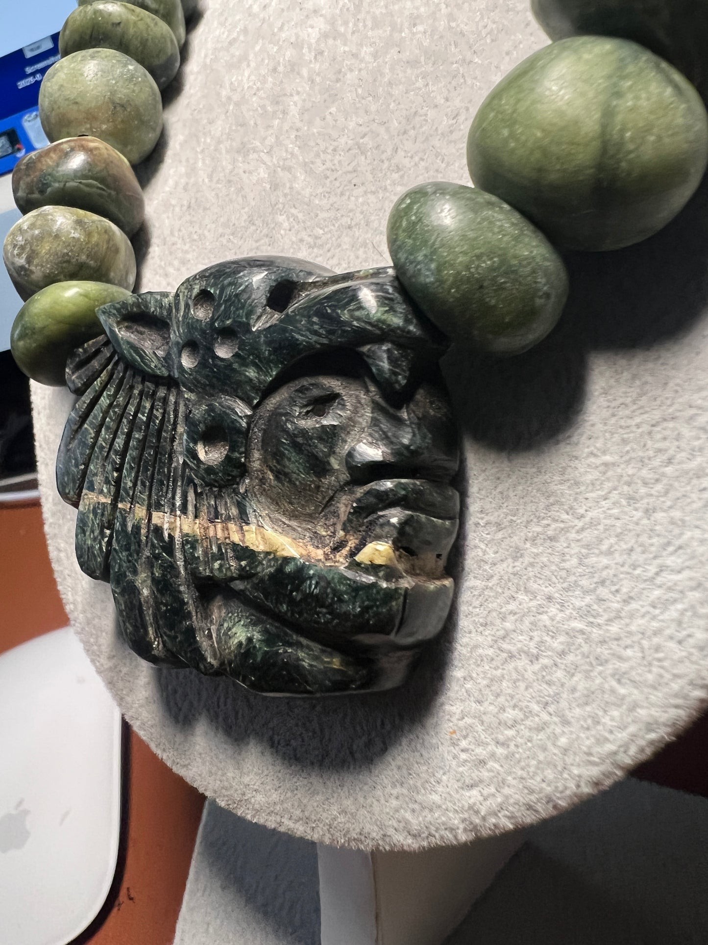 Aztec Mayan Jaguar Warrior Serpentine Pendant Necklace Marble Beads Mexico (#38)