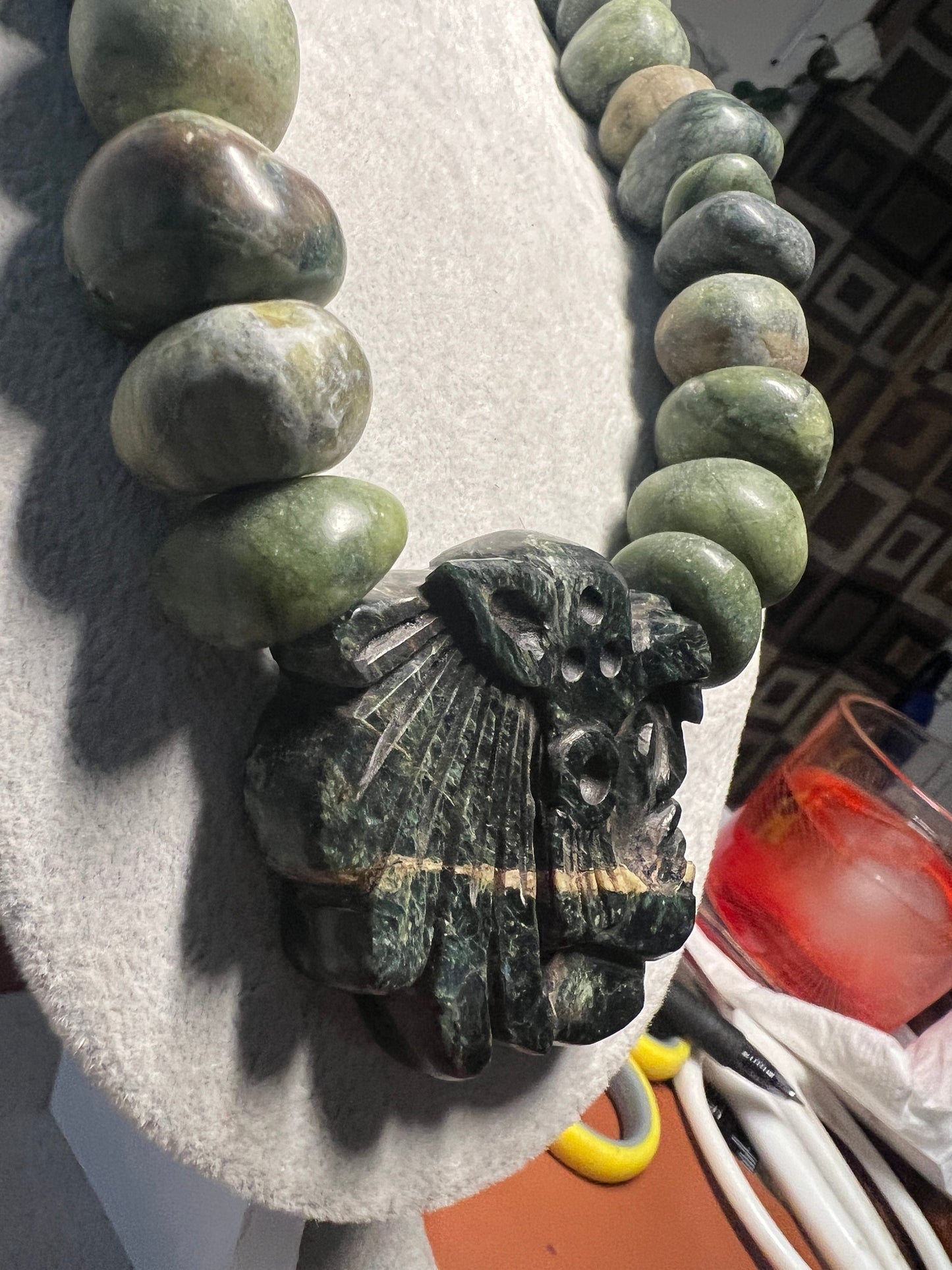 Aztec Mayan Jaguar Warrior Serpentine Pendant Necklace Marble Beads Mexico (#38)