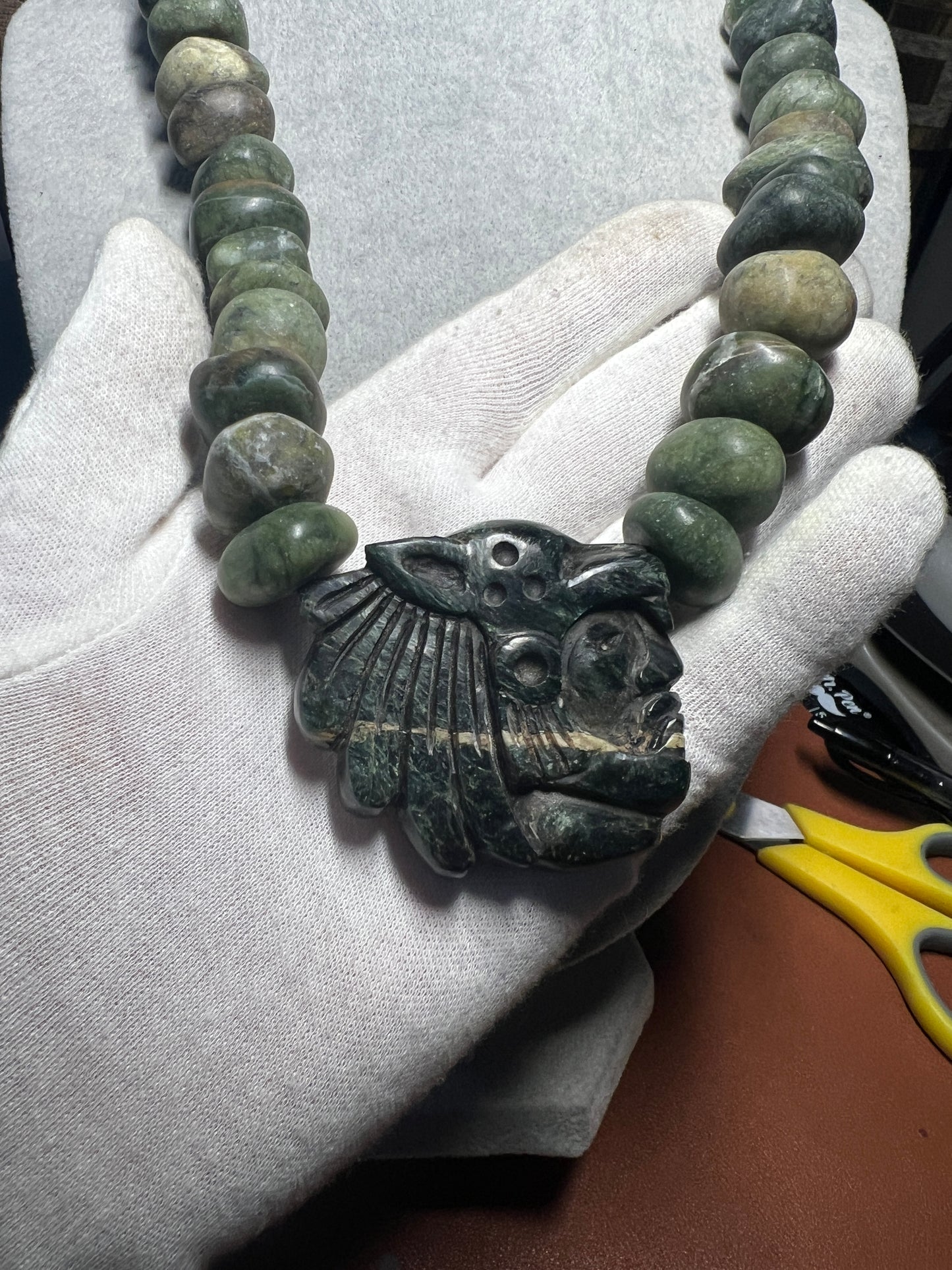 Aztec Mayan Jaguar Warrior Serpentine Pendant Necklace Marble Beads Mexico (#38)