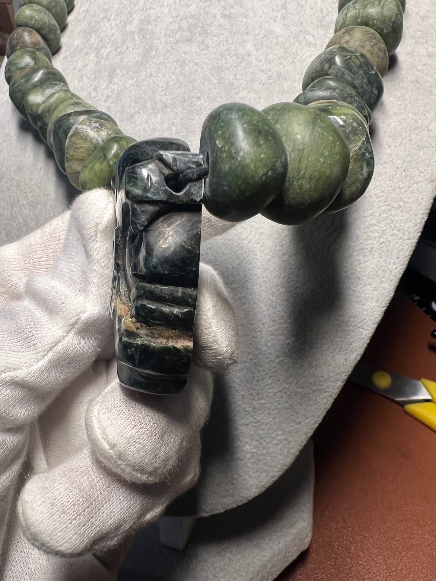Aztec Mayan Jaguar Warrior Serpentine Pendant Necklace Marble Beads Mexico (#38)