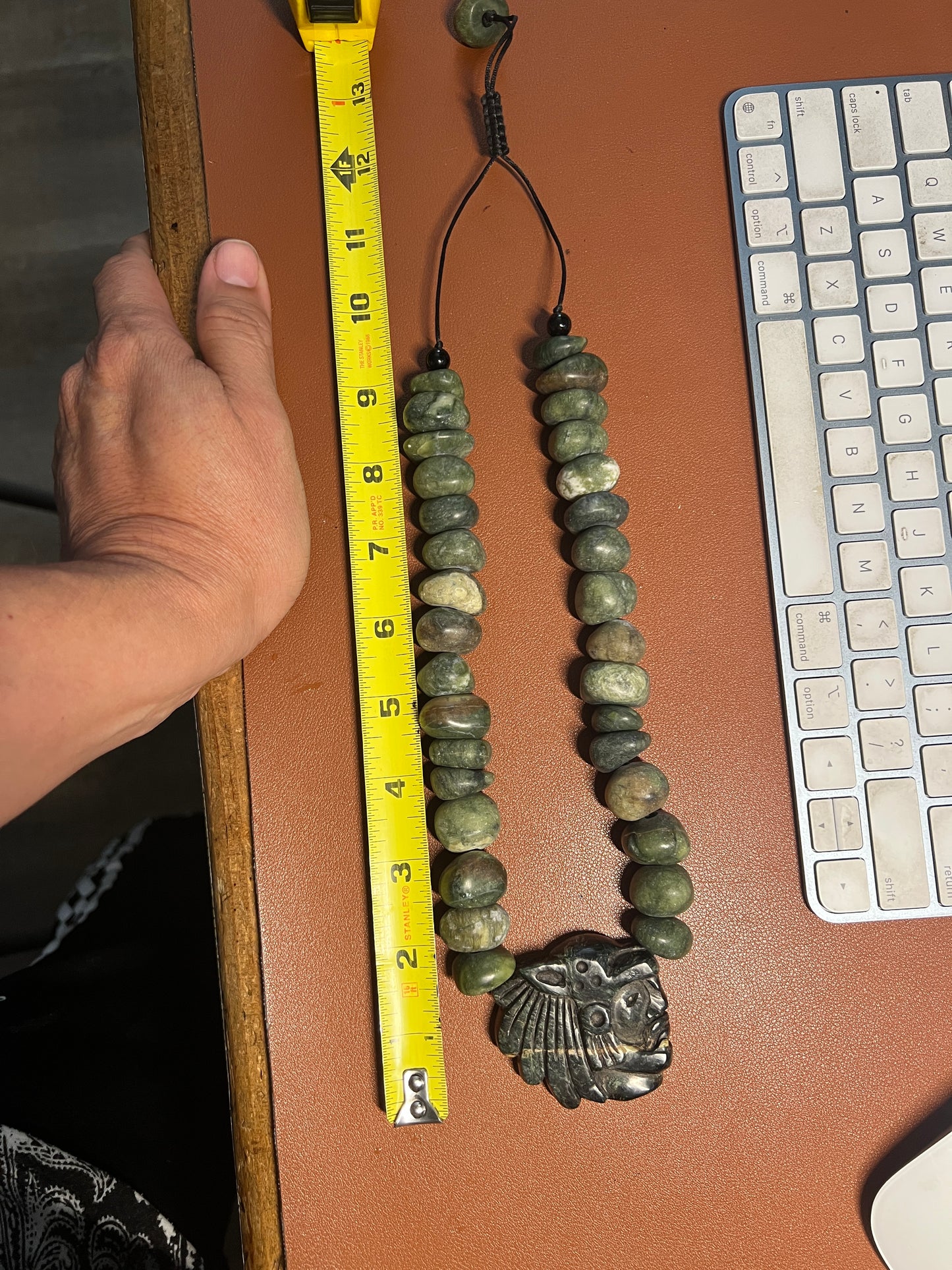 Aztec Mayan Jaguar Warrior Serpentine Pendant Necklace Marble Beads Mexico (#38)