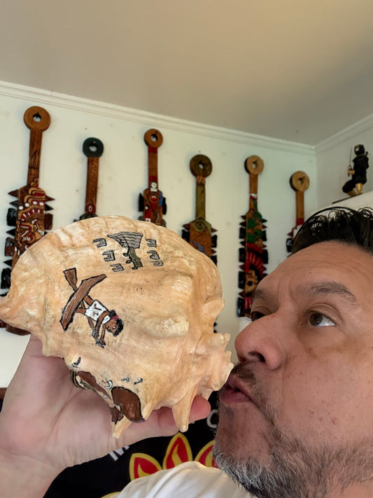 Aztec Map To Azlan Conch Shell Horn - Seashell Trumpet, 7", Mexican, blows, playable