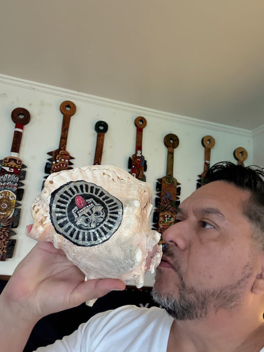 Large Aztec Disk Of Mictlantecuhtli Conch Trumpet, Piedra De Muerte, Shell Horn, 8"x7"