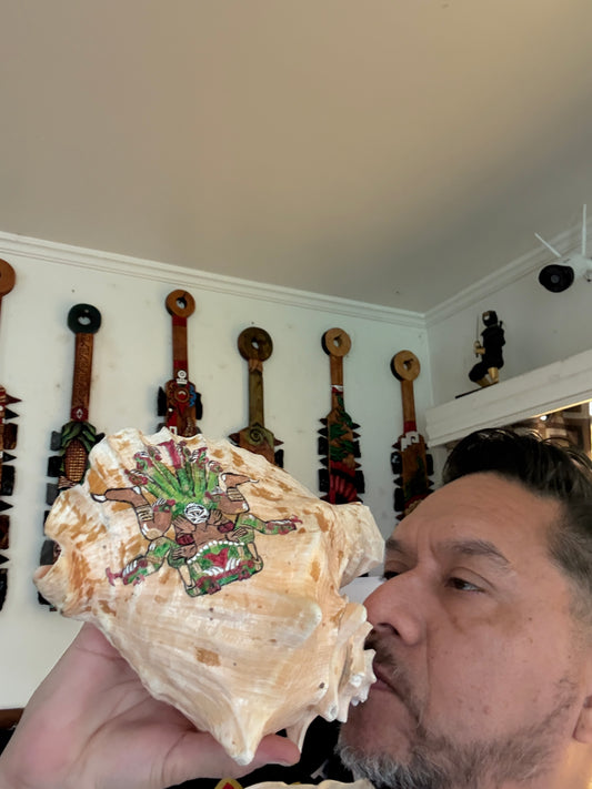 Large Aztec Coatlicue Conch Shell Horn - Seashell Trumpet, 9.5" Hand painted, playable, blows