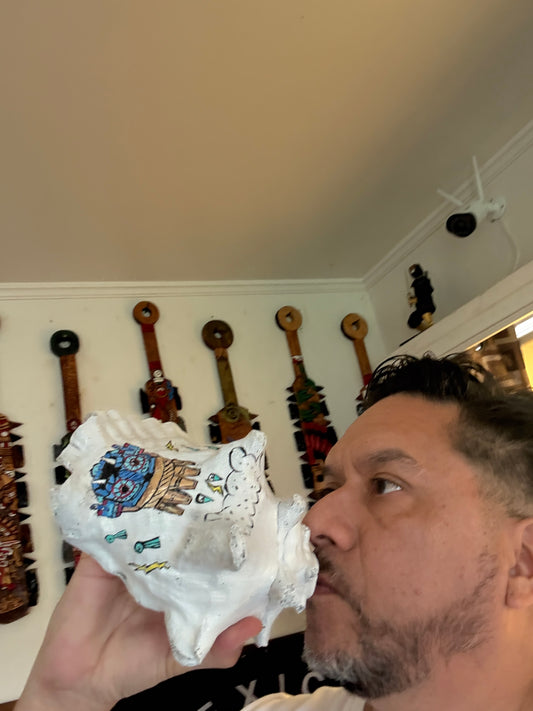 Aztec Tlaloc Conch Shell Horn - Seashell Trumpet, 8", Painted, Playable, Mexican