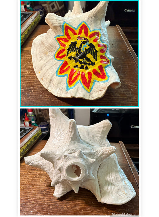 Aztec Cuitlahuac Conch Shell Horn - Seashell Trumpet, 9", Painted, Mexican, playable, repaired