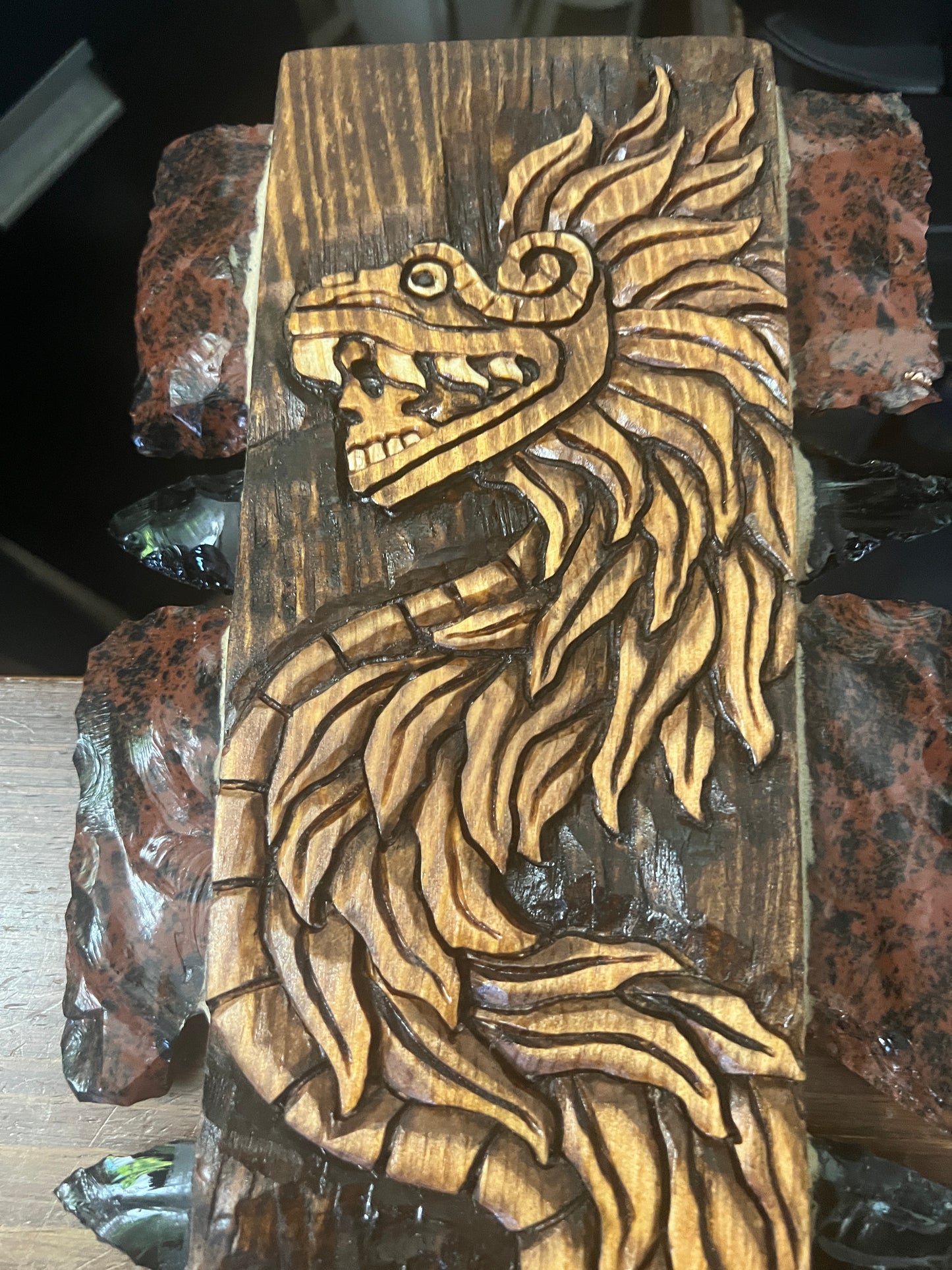 Quetzalcoatl Macuahuitl, Feathered Serpent, Kukulkan, Plumed Serpent, Mexica, Mayan, Wood Carved, Handmade, Obsidian Blades, The Best Macuahuitl's out there!